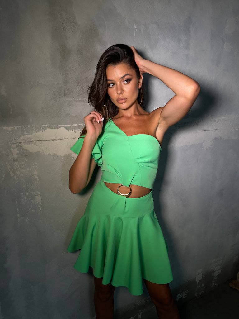 Sheila - Women's green mini dress with a gold buckle and an exposed midriff 'Toscana'