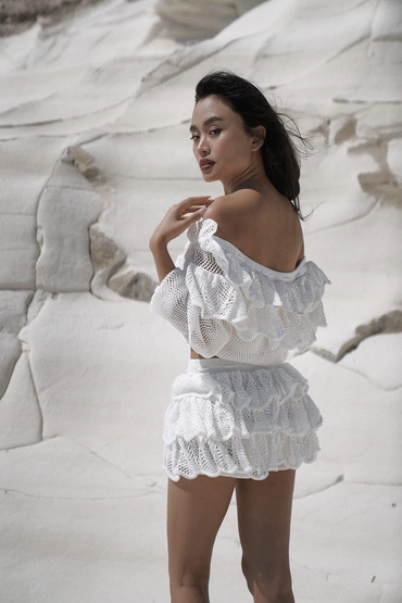 Sheila - Women's white openwork boho set, handmade 'Ander'