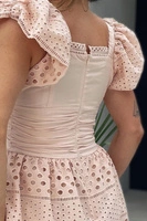 Sheila - Women's beige dress with puffs and midi decorations 'Simone Beige'